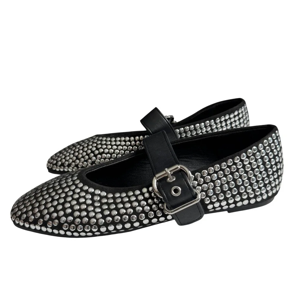 Studded Mary Jane Flats Black Silver Buckle Punk Ballerina Shoes Womens 37 6.5-7